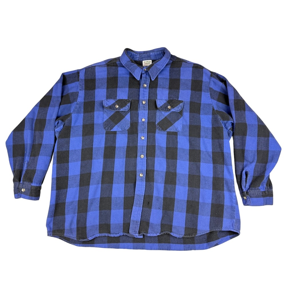 VTG Five Brother Flannel Shirt Men 4XL Tall Blue Black Buffalo Plaid Work USA